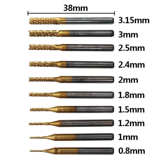 Kit de 10 fresas fishtail 0.8-3.175mm con recubrimiento de titanio